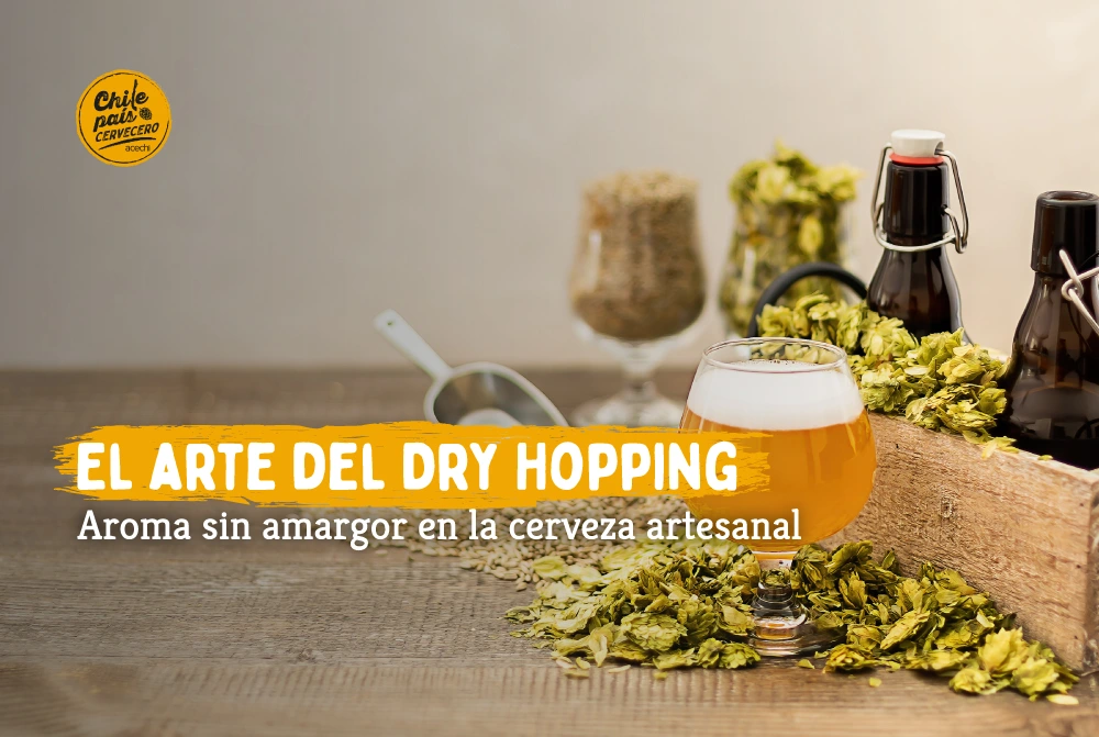 Vaso de cerveza con lúpulos secos y granos, ilustrando la técnica del Dry Hopping para aroma sin amargor.