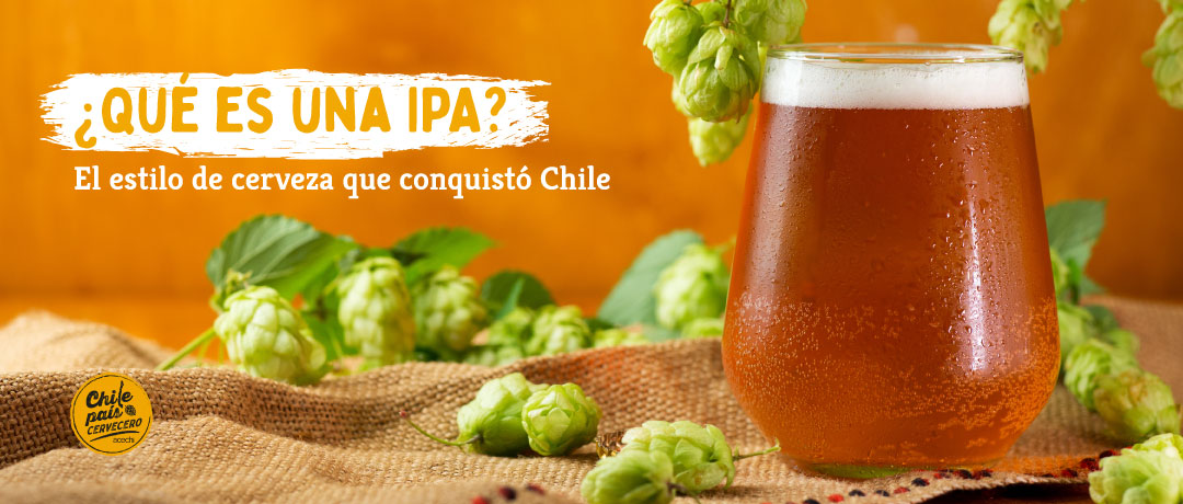 Vaso de cerveza IPA artesanal con lúpulos, representando el popular estilo de cerveza que ha conquistado Chile. Logo Chile País Cervecero.